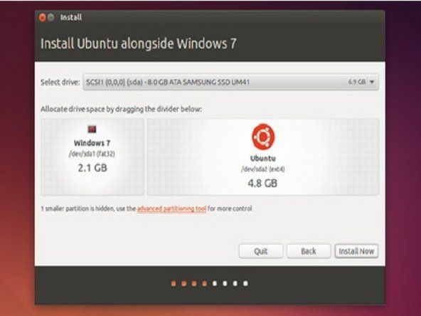 Addig mozgassa a csúszkát, amíg meg nem találja a megfelelő helyet az Ubuntu számára. Tervezzen legalább 5-6 GB-os telepítést.' alt=